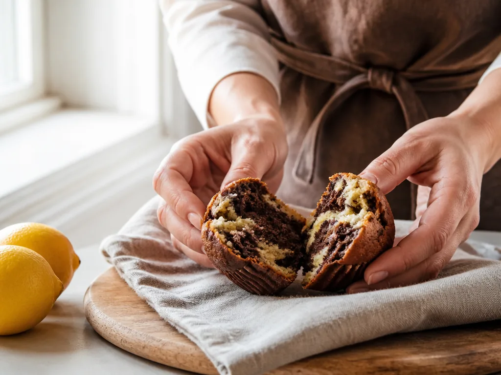 Muffins bi-goût chocolat-citron au marbré moelleux sur une assiette