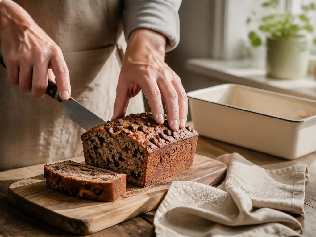 Banana bread aux épices et pépites de chocolat sur une planche en bois