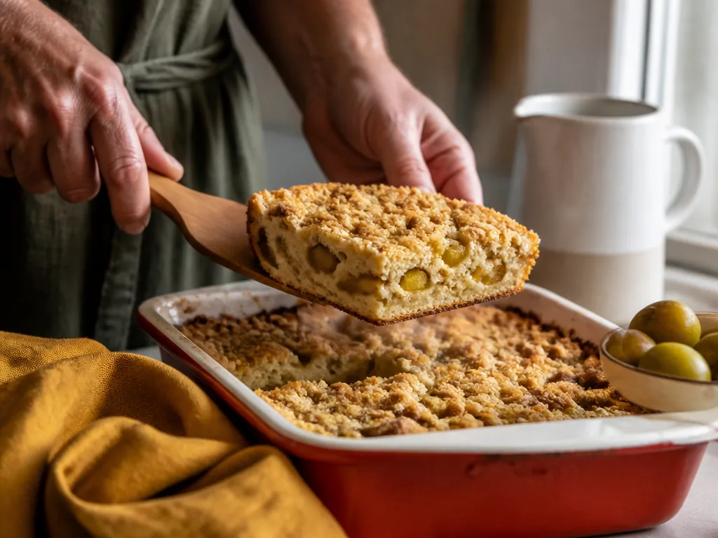 Crumbcake aux prunes reine-claudes et au citron sur une assiette